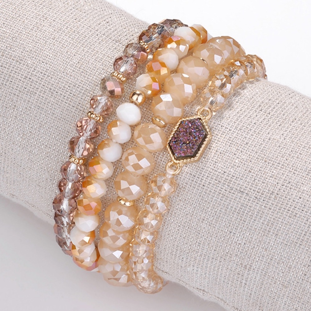 Bracelet Set Peach Tones Beads & Druzy Set of 4 Bracelets NEW Glass Crystal Bead